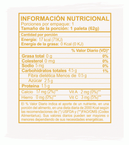 Información Nutricional Paleta de Mango