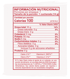 Información Nutricional Mantequilla Tradicional