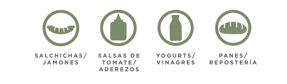 Salchichas/ jamones / Salsas de tomate/ aderezos / Yogurts/ vinagres / panes/ repostería